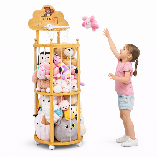 Wooden Stuffed Animal Organizer with Basketball Hoop for Kids’ Rooms