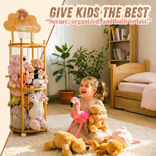 Wooden Stuffed Animal Organizer with Basketball Hoop for Kids’ Rooms